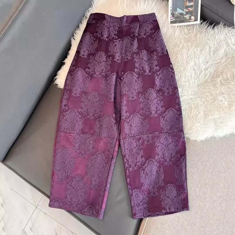 Hlače za žene s visokim strukom, opuštenog kroja, reljefni jacquard uzorak, 9/10 duljine, haremski široki kroj s panelnim detaljima