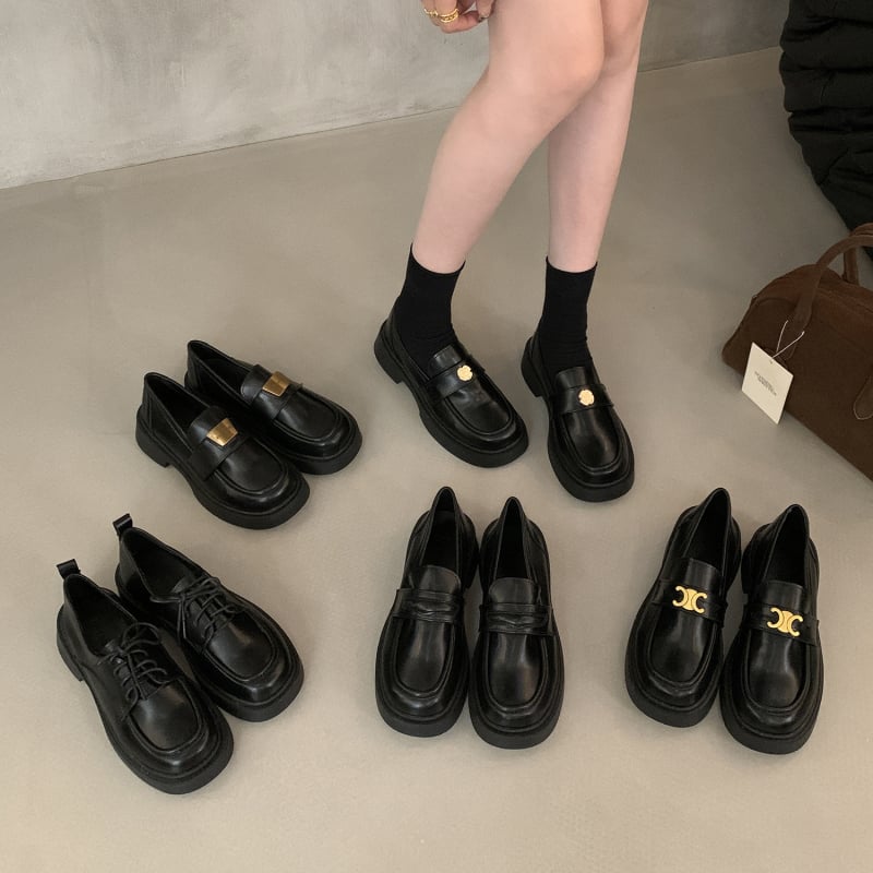 Loaferi din piele negri pentru femei, toc pătrat gros, stil britanic, design retro franțuzesc, toamnă 2024