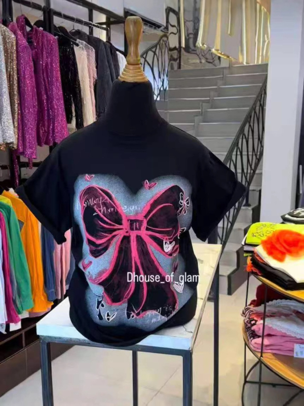 Ženski pamučni T-shirt kratkih rukava s mašnicom, 300 g teški pamuk, ležeran kroj za ljeto