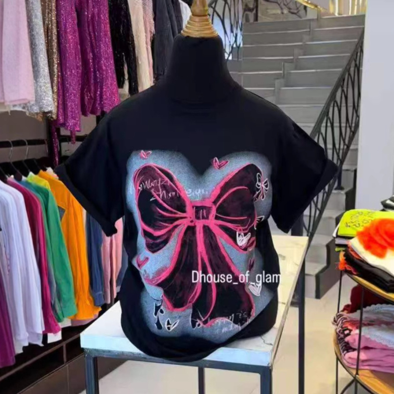 Ženski pamučni T-shirt kratkih rukava s mašnicom, 300 g teški pamuk, ležeran kroj za ljeto