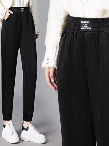 Ženske hlače za jesen-zimu s flis podstavom, opuštenog kroja haremskog stila, s manžetama pri gležnjevima, mala veličina, debele casual trenirka hlače, korejski stil