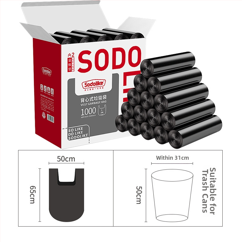 Sodolike vreće za otpad u stilu veste, 600 komada, crne, 50×65 cm, perforirane, s ručkama, debeli i ojačane