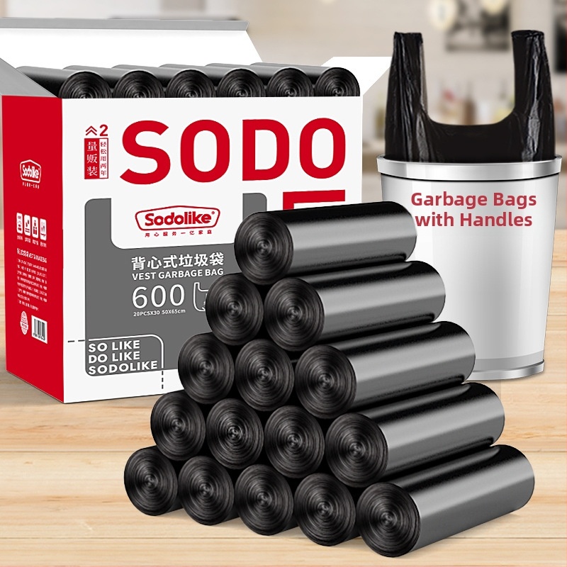 Sodolike vreće za otpad u stilu veste, 600 komada, crne, 50×65 cm, perforirane, s ručkama, debeli i ojačane