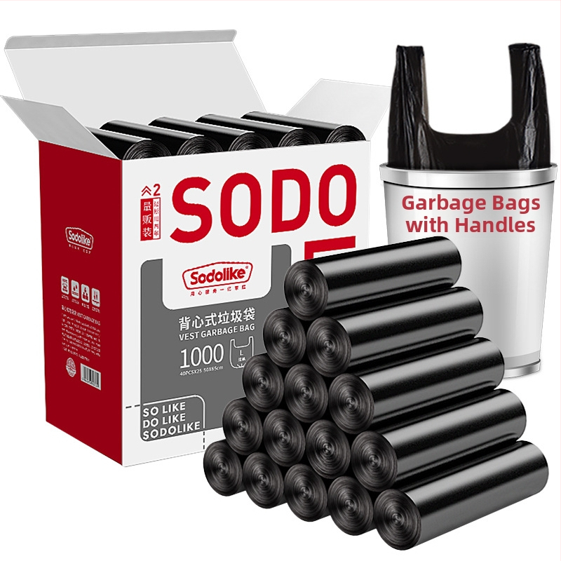 Sodolike vreće za otpad u stilu veste, 600 komada, crne, 50×65 cm, perforirane, s ručkama, debeli i ojačane