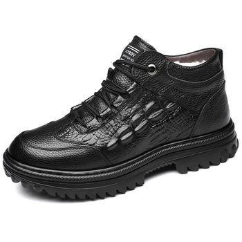 Pantofi de iarnă pentru bărbați din piele de vițel primă calitate, căptușiți cu lână, înalți, groși, calzi, cu model crocodil și șireturi frontale