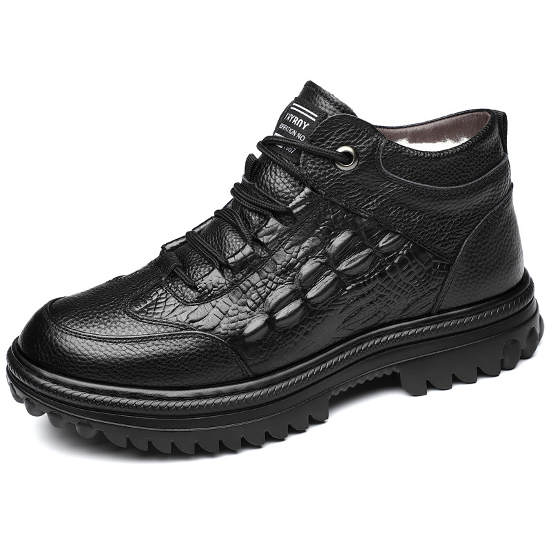 Pantofi de iarnă pentru bărbați din piele de vițel primă calitate, căptușiți cu lână, înalți, groși, calzi, cu model crocodil și șireturi frontale