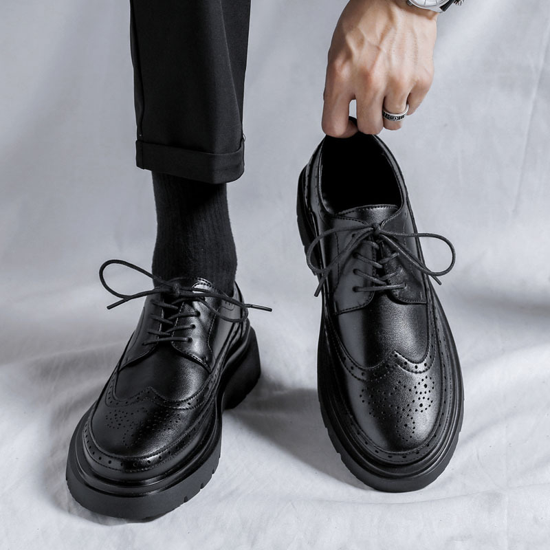 Muške kožne cipele za ljeto s debelim đonom za povećanje visine, britski stil brogue, crne, formalne svadbene cipele