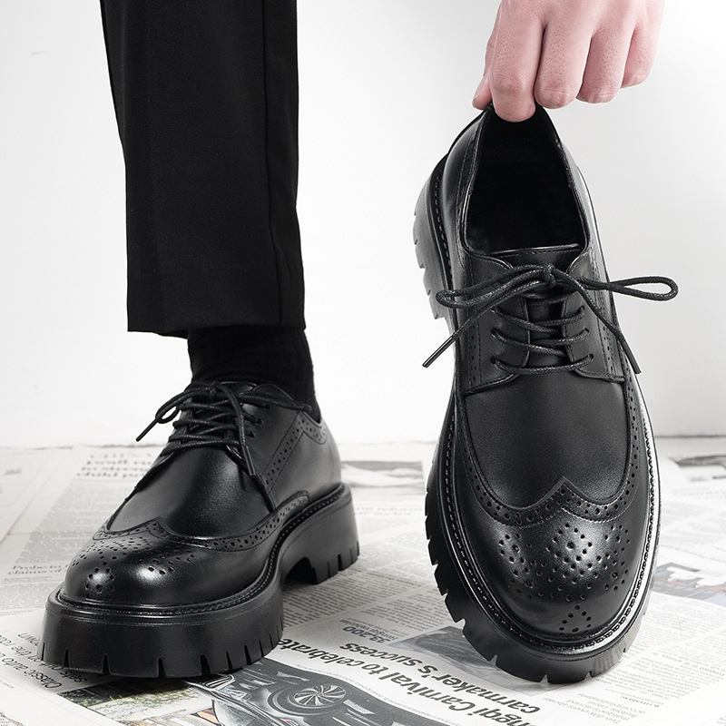 Muške kožne cipele za ljeto s debelim đonom za povećanje visine, britski stil brogue, crne, formalne svadbene cipele