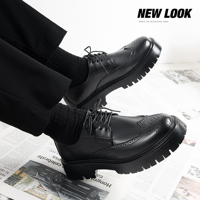 Muške kožne cipele za ljeto s debelim đonom za povećanje visine, britski stil brogue, crne, formalne svadbene cipele