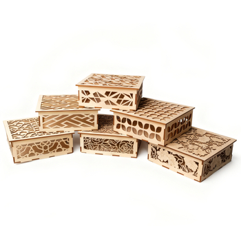 Gravírozott virágmotívummal készült fa dobozok készlete otthoni dekorációhoz, négyzetes forma, 16.5×16.5×6 cm