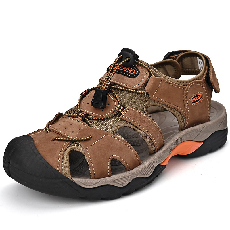Мъжки кожени сандали с затворен пръст, ежедневни, дишащи, летни за плаж и активности на открито