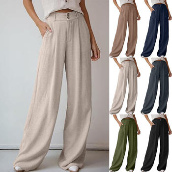 Ženske hlače širokih nogavica od pamuka i lana, casual stil, visok pas, opuštena kroj, dugačke hlače za žene