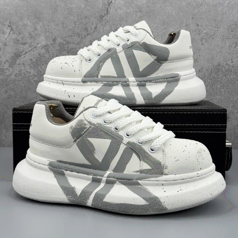 Adidași albi pentru bărbați, cu modele pictate manual și graffiti, pantofi sport casual cu talpă interioară care crește înălțimea