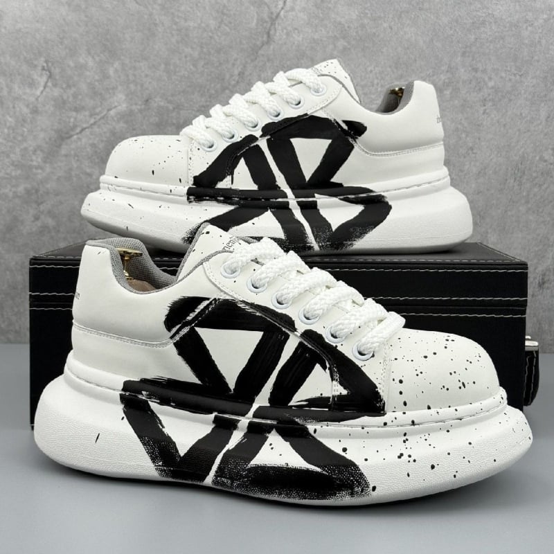 Adidași albi pentru bărbați, cu modele pictate manual și graffiti, pantofi sport casual cu talpă interioară care crește înălțimea