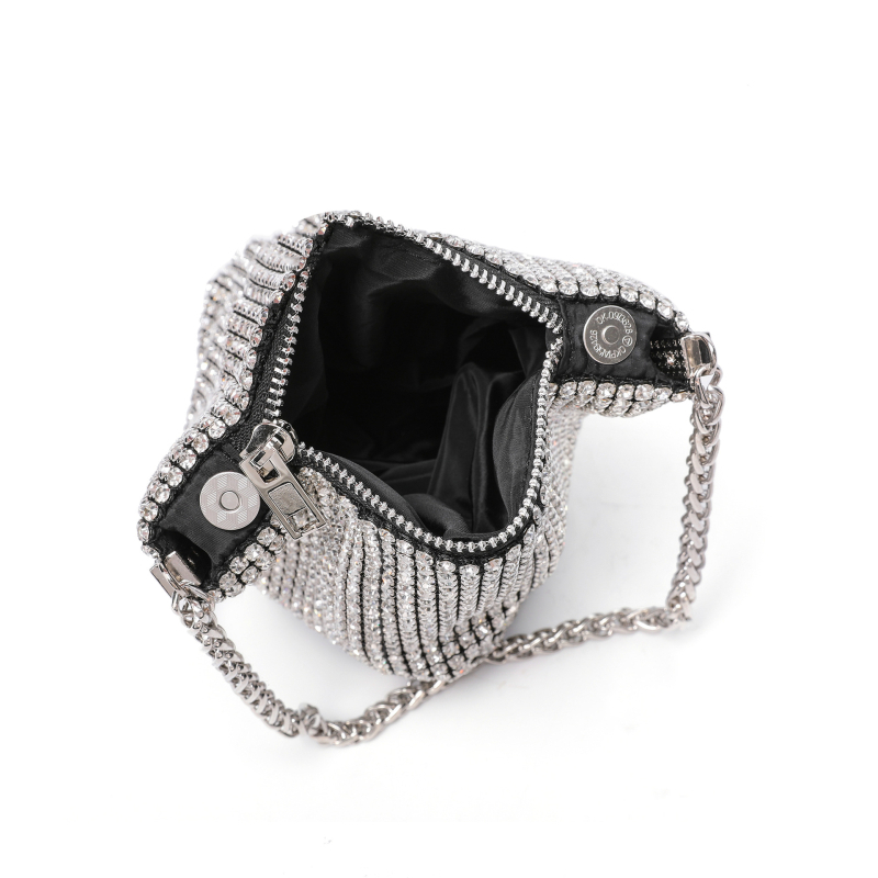 Ženska večernja torbica s dijamantnim ukrasom i kristalima, svilenim vanjskim dijelom, elegantan večernji clutch