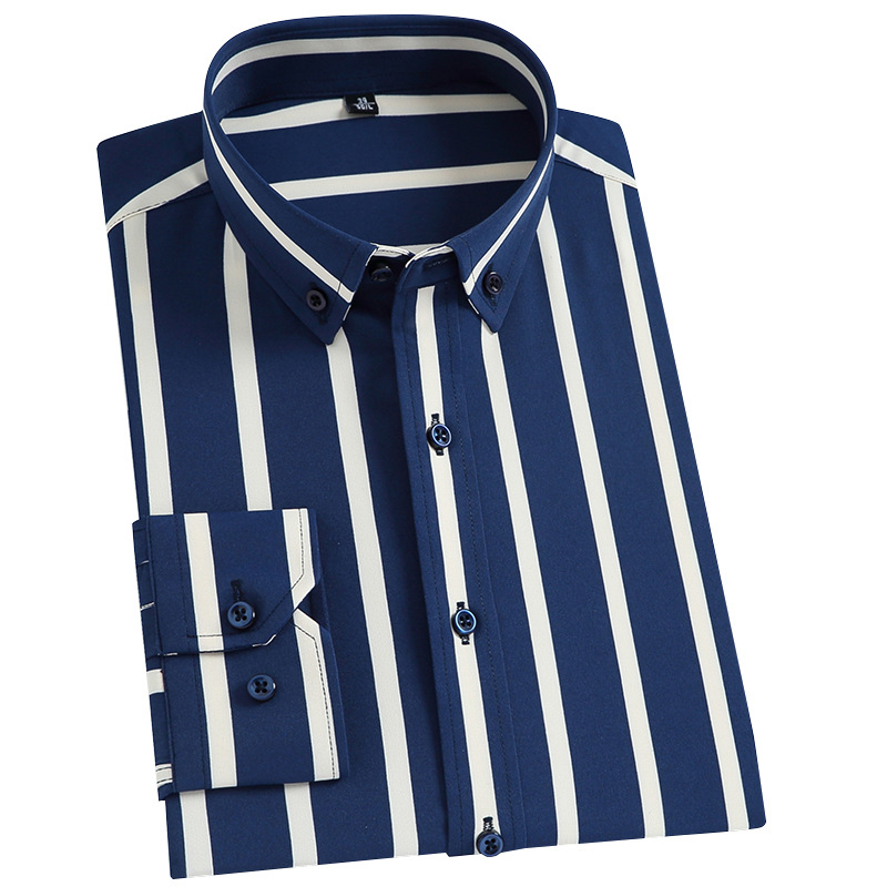 Košulja za proljeće i jesen s dugim rukavima, poslovno-opušten stil, vertikalne pruge, rastezljiva, bez glačanja, moderan slim fit za muškarce