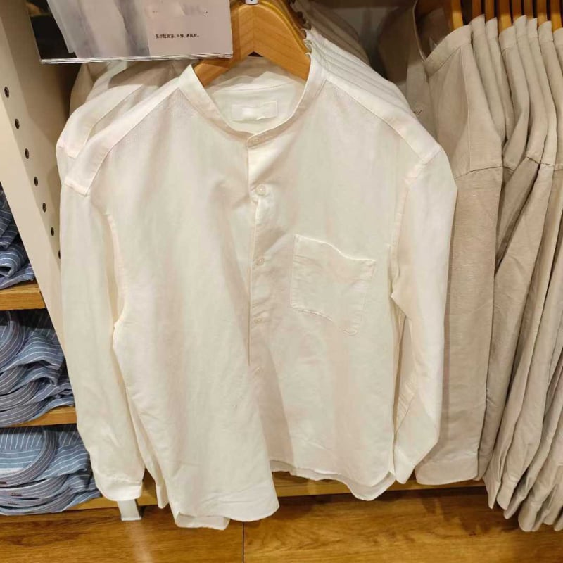Ανοιξιάτικο 2025 unisex πουκάμισο από βαμβάκι-λινό με ριγέ και κολάρο-στάντ, μακριά μανίκια - E474512/474511