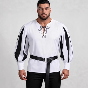 Retro középkori cosplay-ing színes paneles gallérral és kötős nyakkal