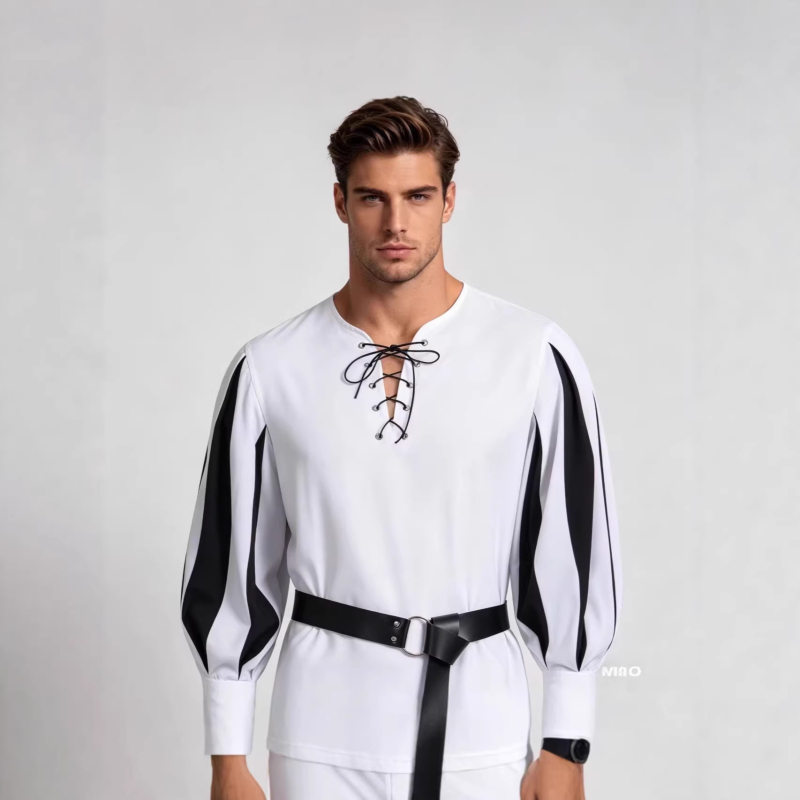 Retro középkori cosplay-ing színes paneles gallérral és kötős nyakkal