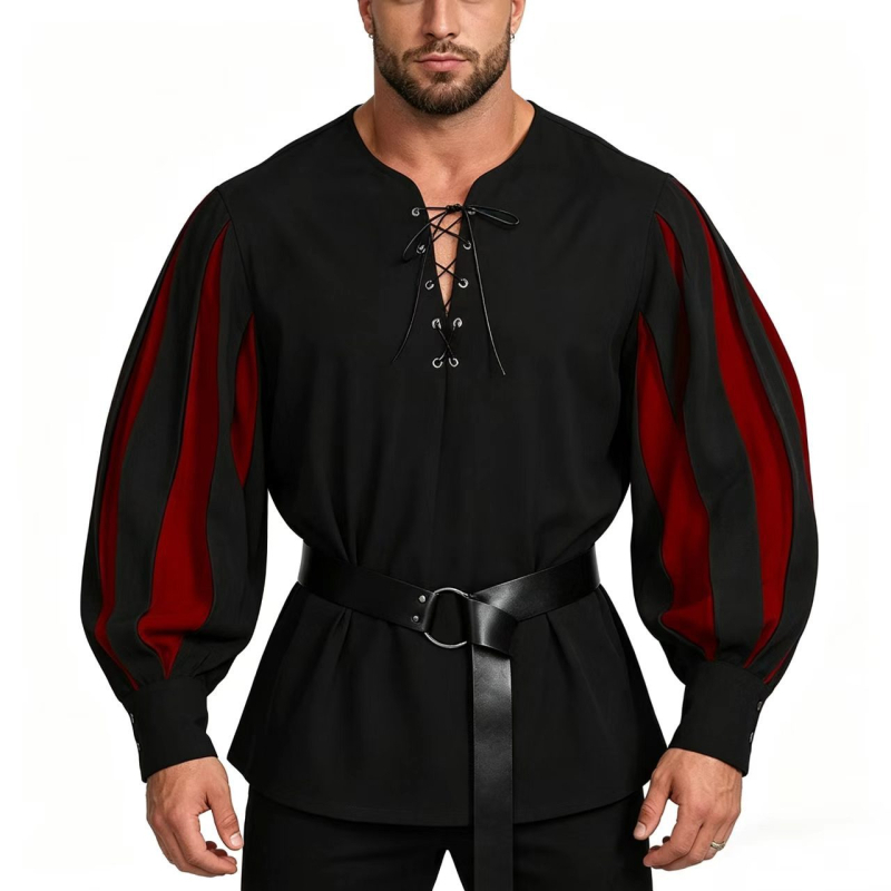 Retro középkori cosplay-ing színes paneles gallérral és kötős nyakkal