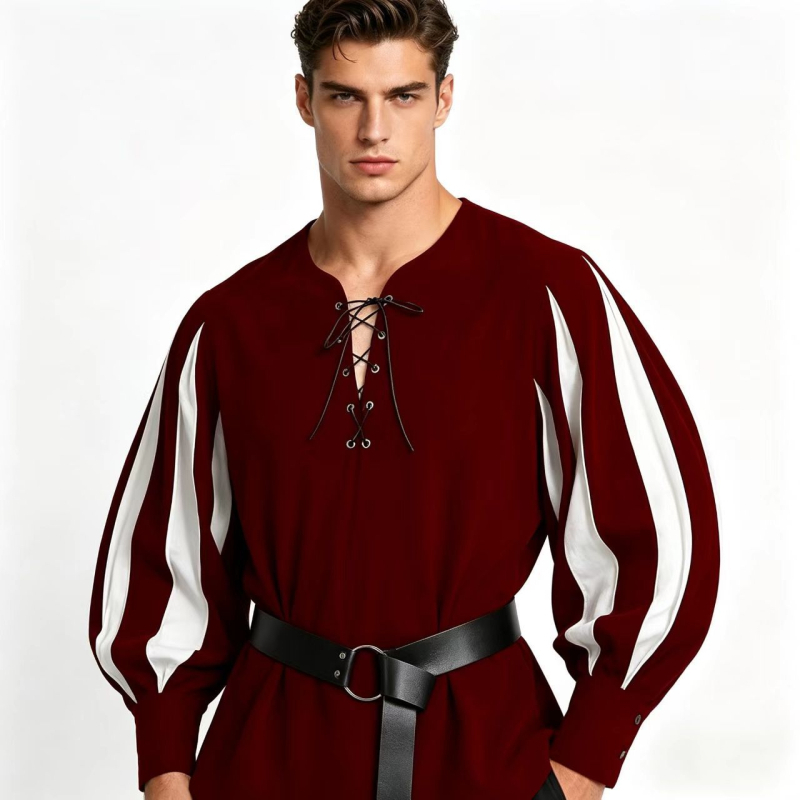 Retro középkori cosplay-ing színes paneles gallérral és kötős nyakkal