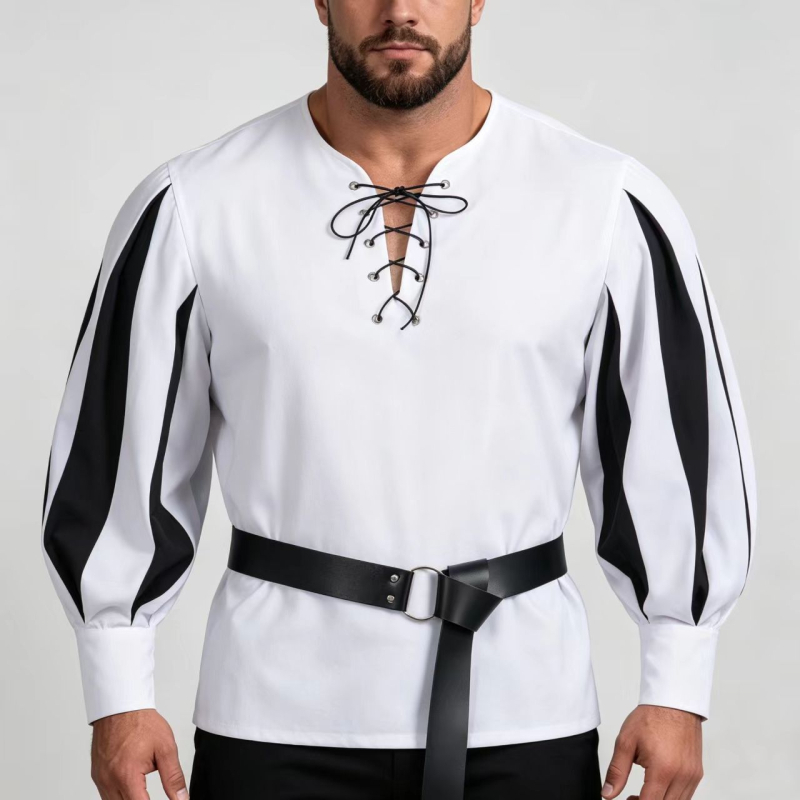 Retro középkori cosplay-ing színes paneles gallérral és kötős nyakkal
