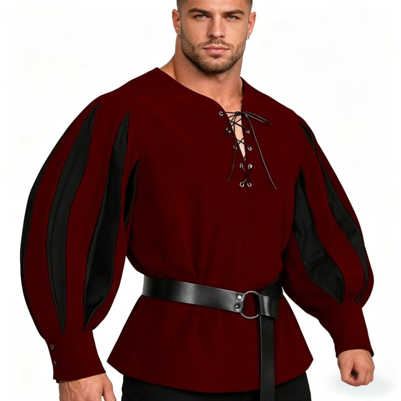 Retro középkori cosplay-ing színes paneles gallérral és kötős nyakkal