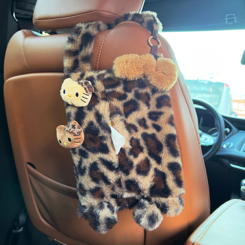 Ретро калъф за автомобилни кърпички с дизайн на коте в леопардов принт, подходящ за окачване в колата