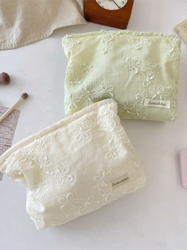 Csipkés hímzett kozmetikai táska háromdimenziós mintával, rúzs és bőrápolás tárolására, hordozható, nagy kapacitású clutch nőknek