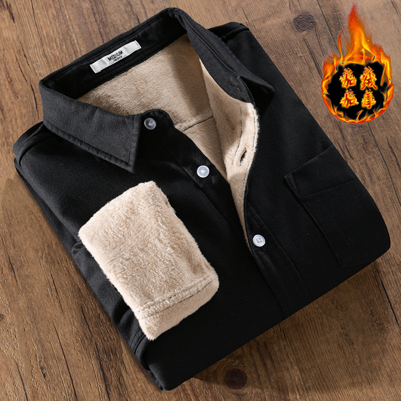 Férfi hosszú ujjú ing fleece-lével bélelt, vastag téli viselet, egyszínű, kardigán-stílusú zsebbel, 9307