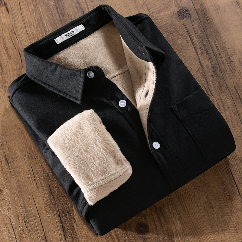 Férfi hosszú ujjú ing fleece-lével bélelt, vastag téli viselet, egyszínű, kardigán-stílusú zsebbel, 9307