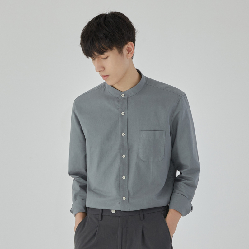 Férfi fehér pamut ing, álló gallérrel, koreai ihletésű, modern üzleti-casual hosszú ujjú