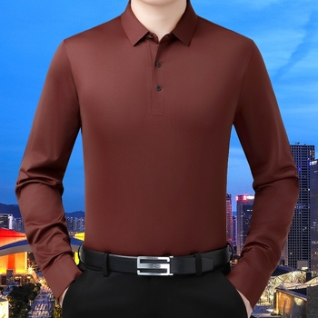 Férfi hosszú ujjú polo ing, lapos gallérral, vasalásmentes, Mulberry selyem, lélegző, elegáns üzleti viselet tavasz–őszre.