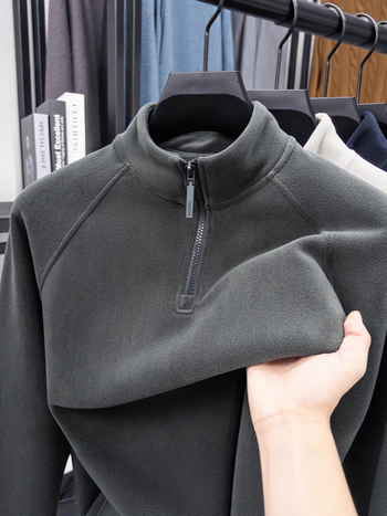 Férfi kétoldalas fleeces felső fél-zip, állig érő gallérral, hosszú ujjú, téli meleg