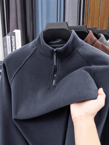 Férfi kétoldalas fleeces felső fél-zip, állig érő gallérral, hosszú ujjú, téli meleg