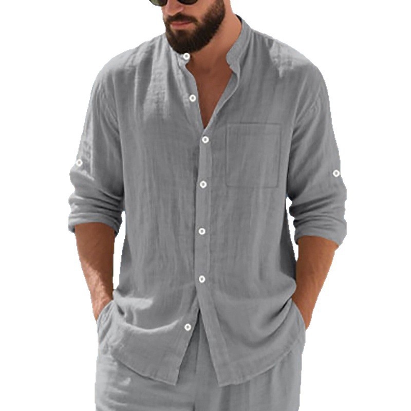 Férfi lenvászon ing álló gallérral, hosszú ujjú, laza szabás, őszi casual