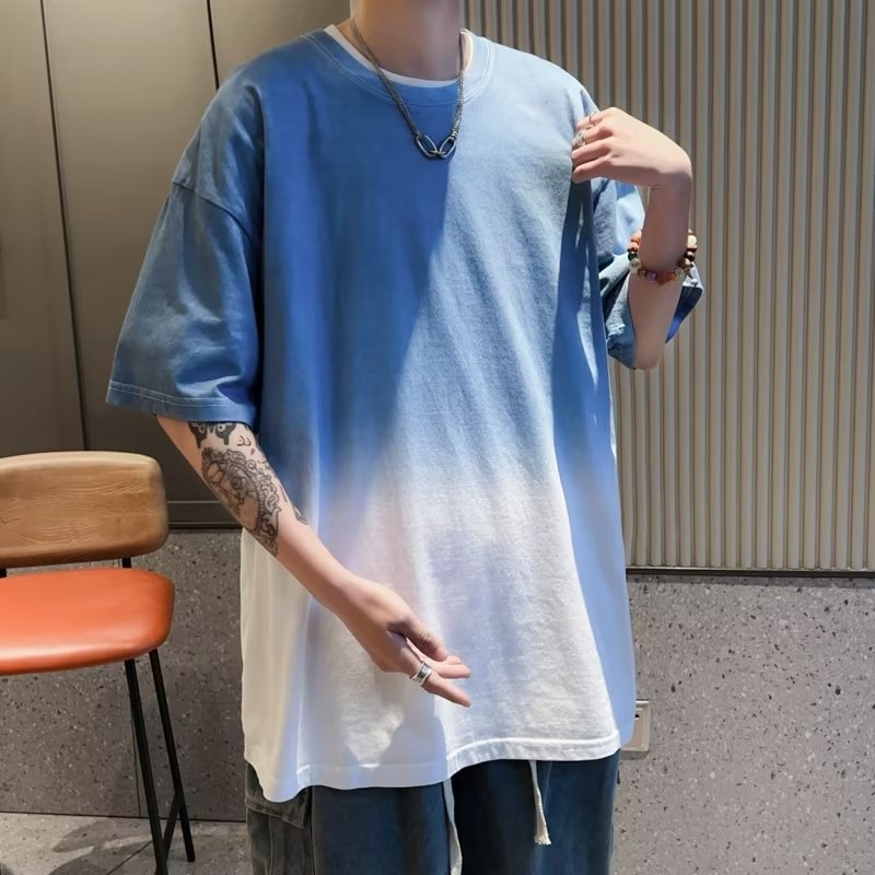 Muški T‑shirt kratkih rukava s gradijentnim dizajnom, hongkonški stil, blok boja, širok kroj