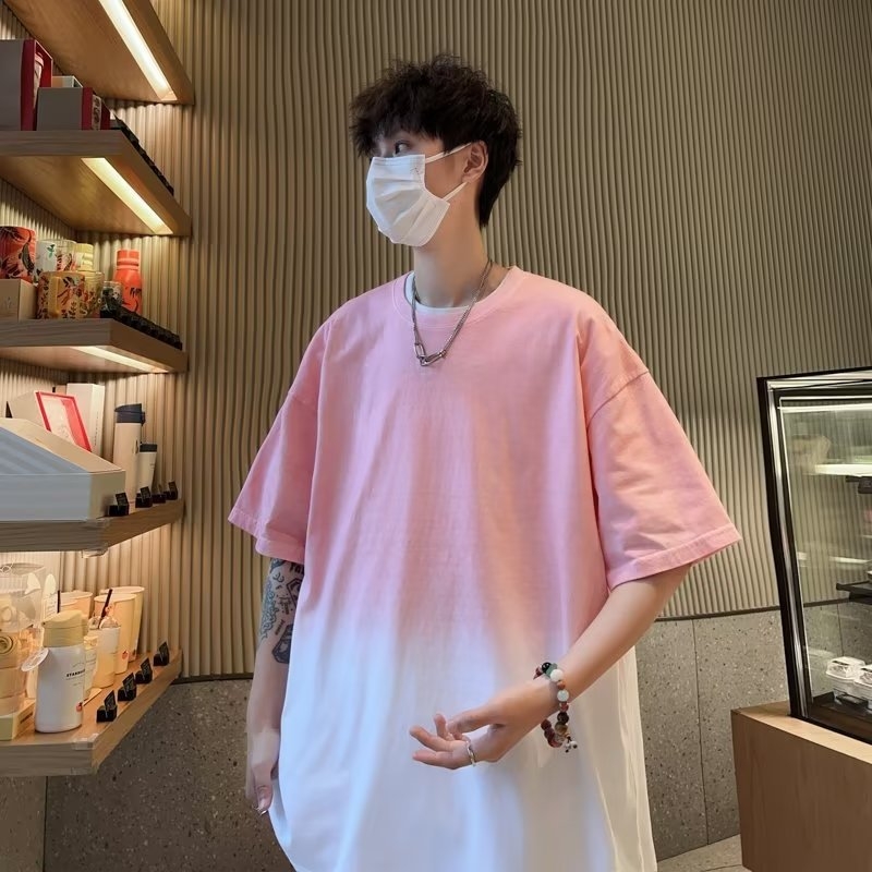 Muški T‑shirt kratkih rukava s gradijentnim dizajnom, hongkonški stil, blok boja, širok kroj