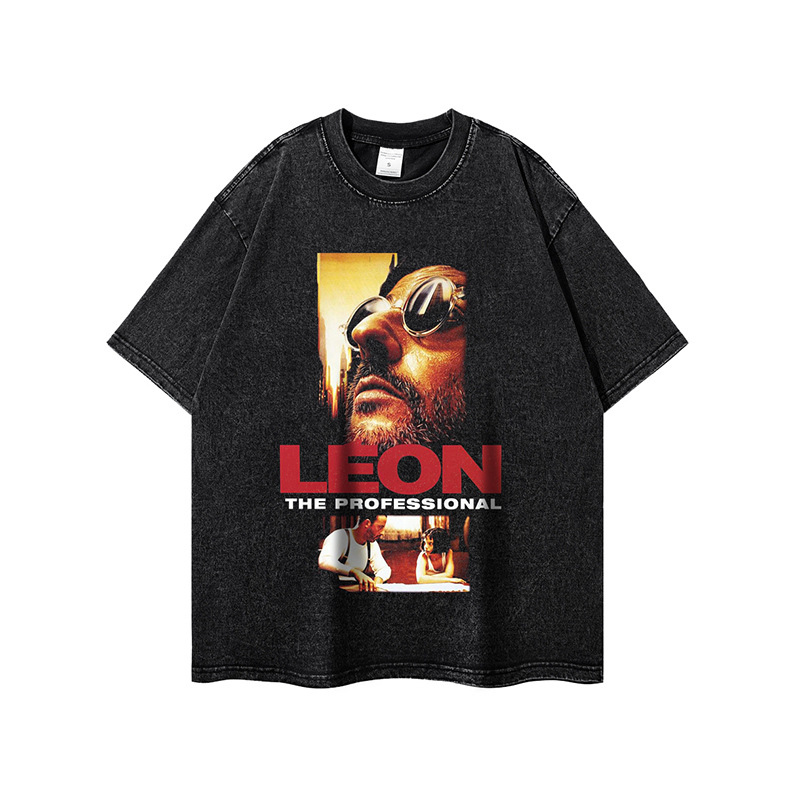Muško pamučno T-shirt s tiskom klasičnog nostalgičnog filma, 260 g težine, istrošeni efekt, kratke rukave, ulični hip-hop stil