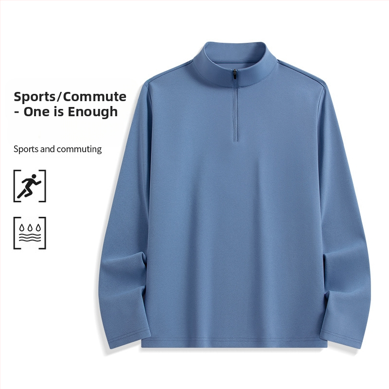 Férfi sportos hosszú ujjú T-shirt álló gallérral és fél cipzárral, UV-védelem, gyorsan száradó, antibakteriális