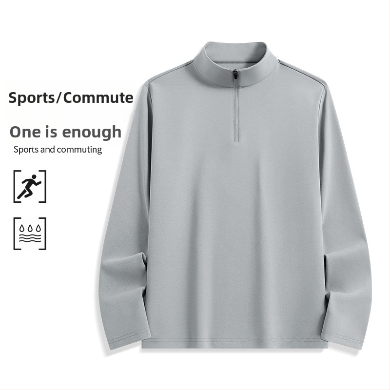 Férfi sportos hosszú ujjú T-shirt álló gallérral és fél cipzárral, UV-védelem, gyorsan száradó, antibakteriális
