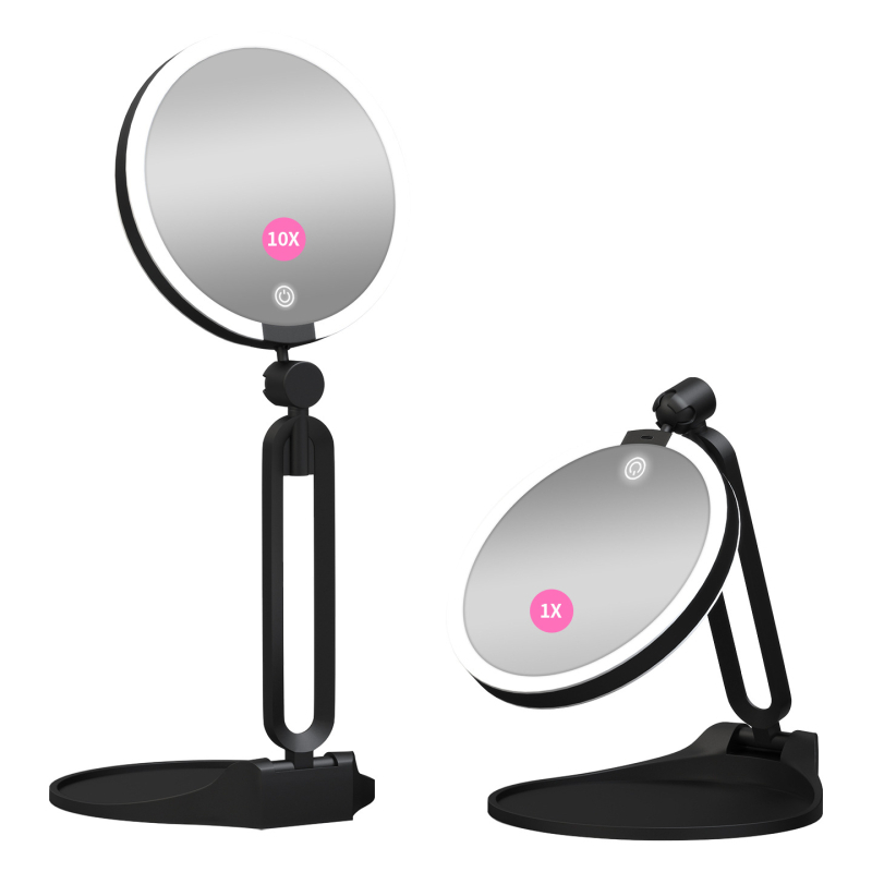 Testreszabható hordozható összecsukható LED kétoldalas sminktükör utazáshoz, kompakt világító kozmetikai tükör, 13.5 x 13.5 x 23 cm