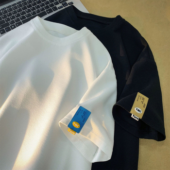 Férfi oversized waffle-kötött rövid ujjú T-shirt, egyszínű, nyári stílus
