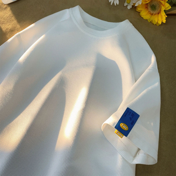 Férfi oversized waffle-kötött rövid ujjú T-shirt, egyszínű, nyári stílus