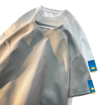 Férfi oversized waffle-kötött rövid ujjú T-shirt, egyszínű, nyári stílus