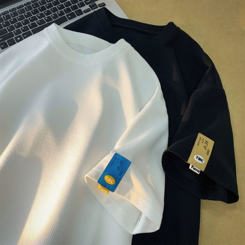 Férfi oversized waffle-kötött rövid ujjú T-shirt, egyszínű, nyári stílus