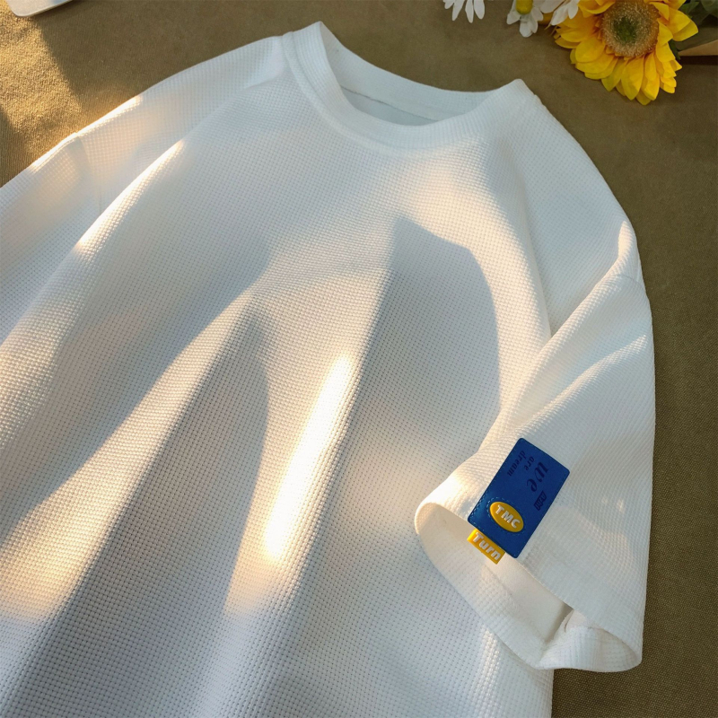 Férfi oversized waffle-kötött rövid ujjú T-shirt, egyszínű, nyári stílus
