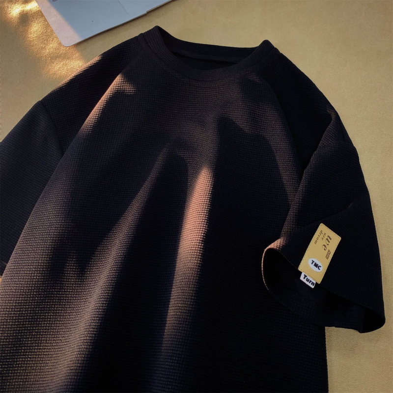 Férfi oversized waffle-kötött rövid ujjú T-shirt, egyszínű, nyári stílus