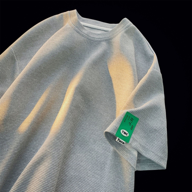 Férfi oversized waffle-kötött rövid ujjú T-shirt, egyszínű, nyári stílus