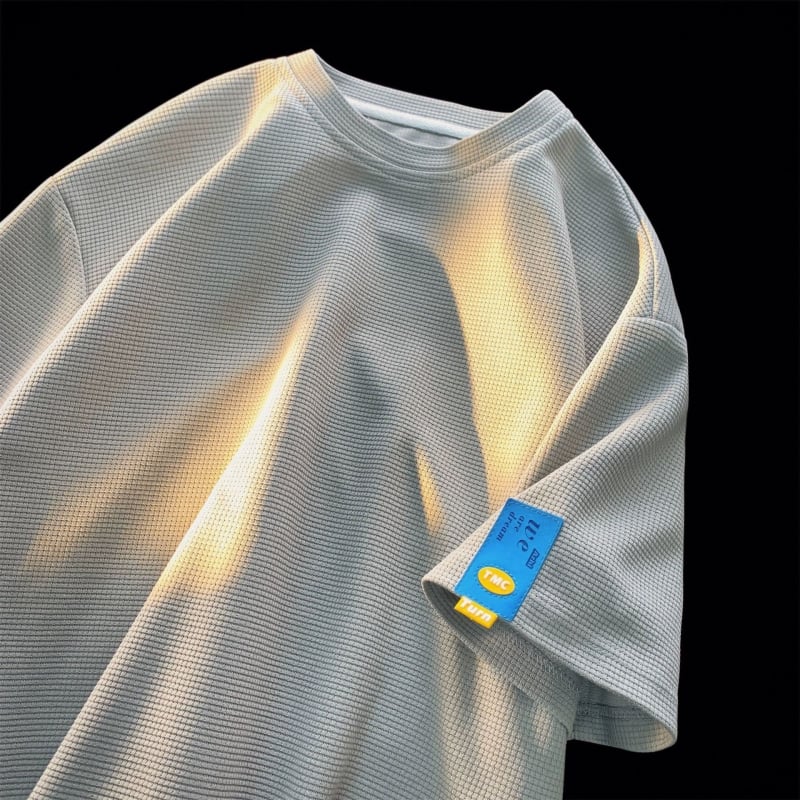 Férfi oversized waffle-kötött rövid ujjú T-shirt, egyszínű, nyári stílus